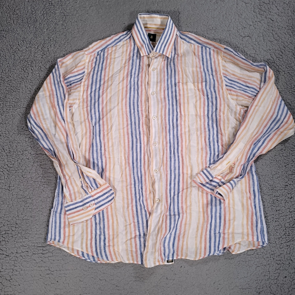 Robert Talbott Shirt Mens XL Classic Fit Long Sleeve Stiped Linen Button Up